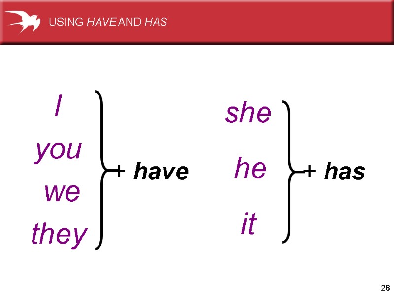 28 I they we you + has it he she + have USING HAVE